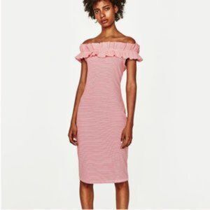 Zara Ruffled Off The Shoulder Red White Striped Bodycon Midi Dress